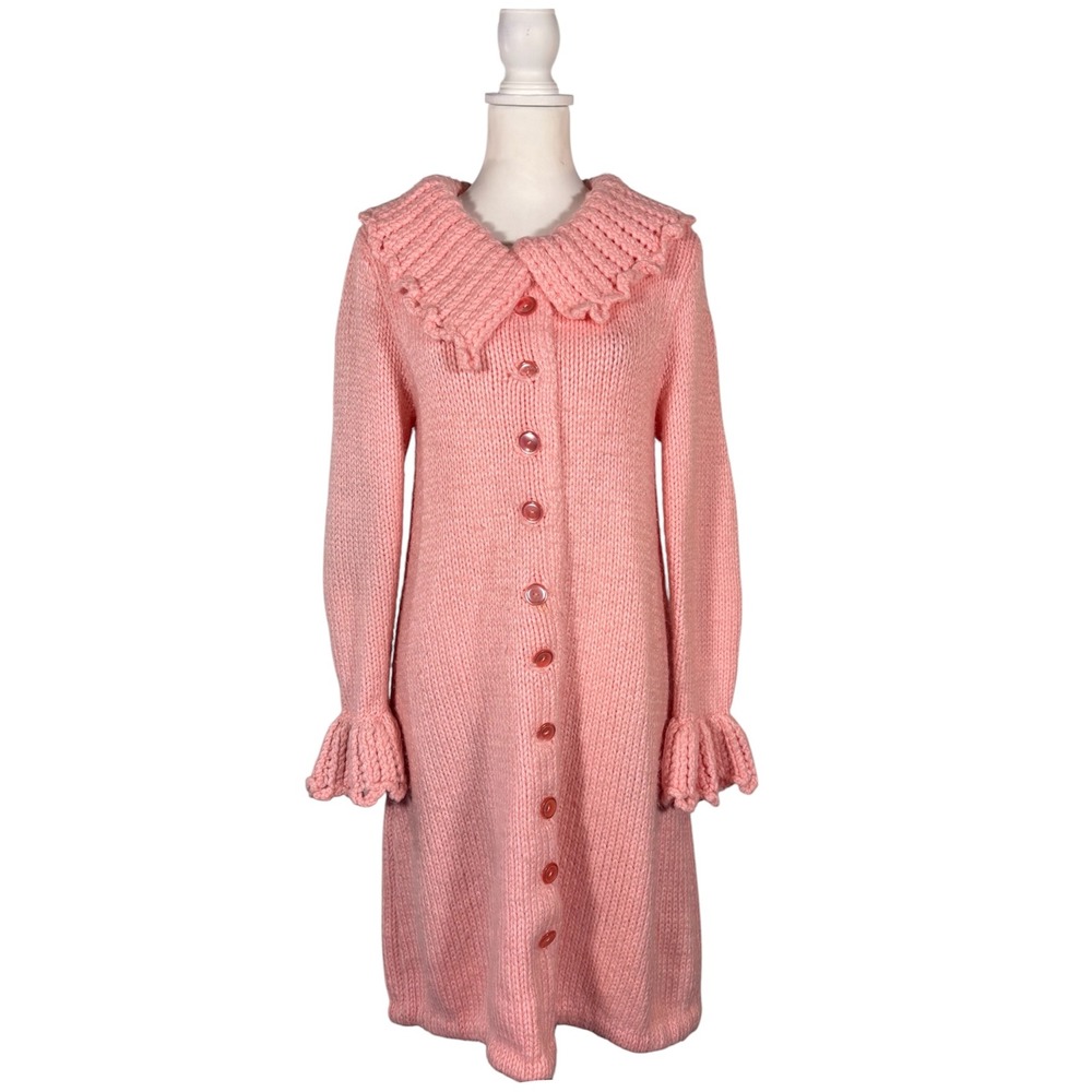 Vintage 70s Pink Knit Sweater Coat‎ Women's L Cardigan Casual Cozy Retro